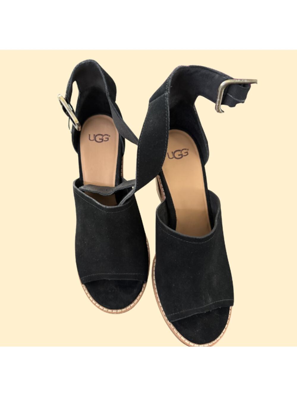 UGG Aja Black Suede Block Heel Peep Toe Ankle Strap Sandal Women's 8.5